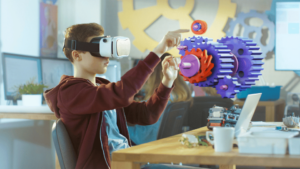Student using a Virtual Reality headset to learn Science in a classroom