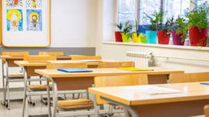 Empty classroom with colourful decorations