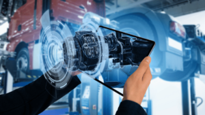 Student holding a tablet with an augmented reality engineering model