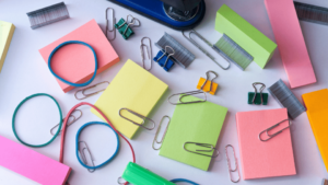 Colourful stationary on a desk