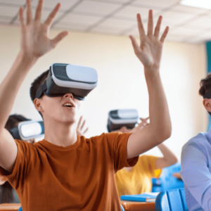 Student using a virtual reality headset in the classroom to learn science