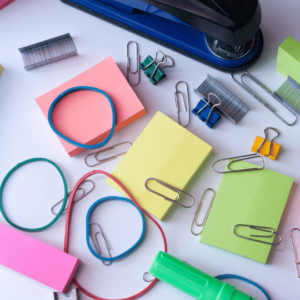 Colourful stationary on a desk